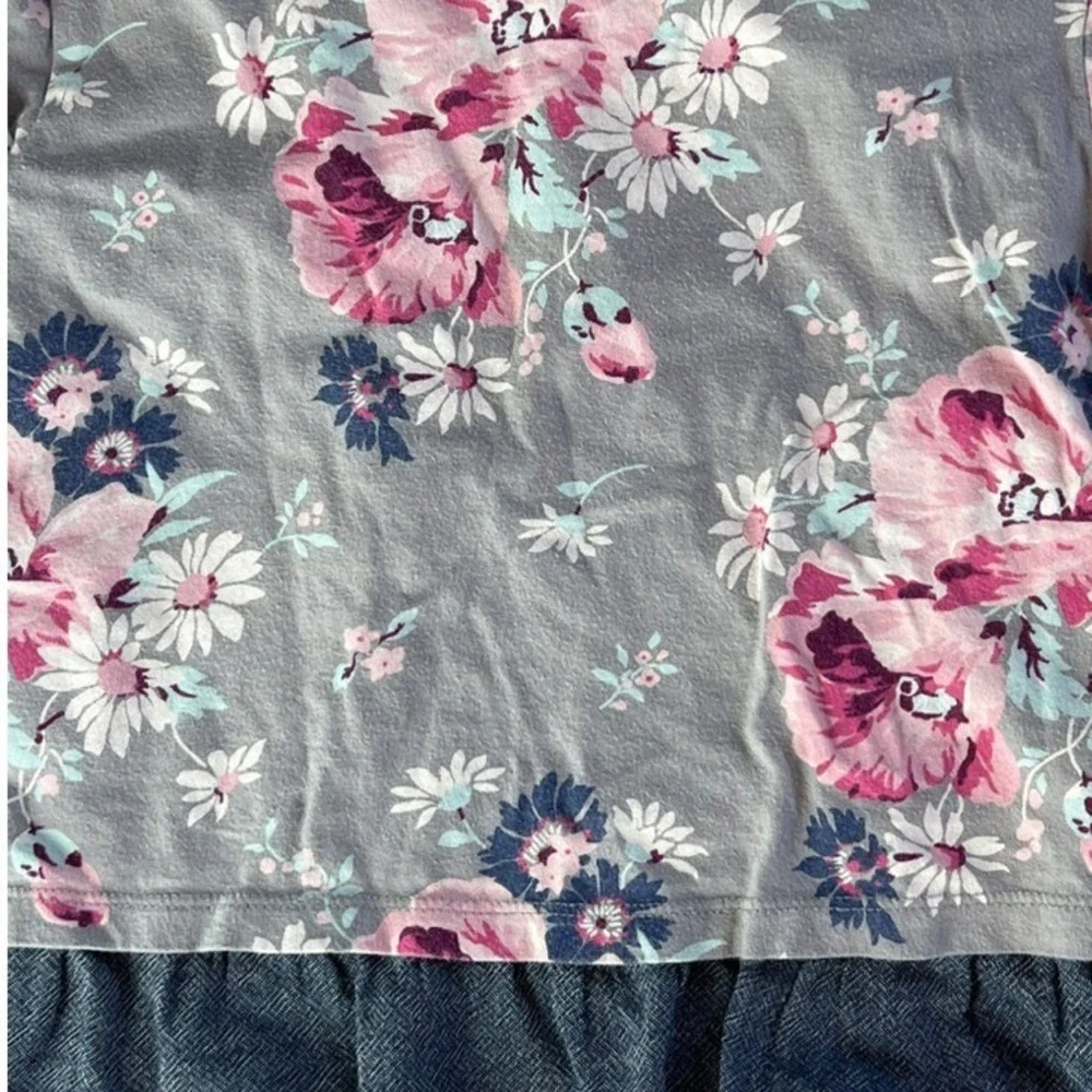 Gap Gray Top Pink Floral Blue Denim Ruffle Hem Long Sleeve‎ Shirt Girl Size 6/7